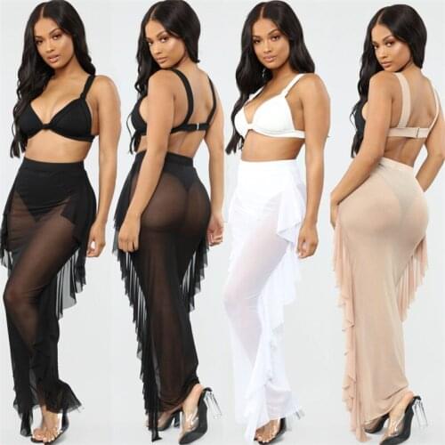 2019 Women Cover-Ups Skirts Summer Sexy Ladies Mesh Sheer Swim Skirt Beachwear Solid Side Ruffles High Elastic Waist Women Skirt