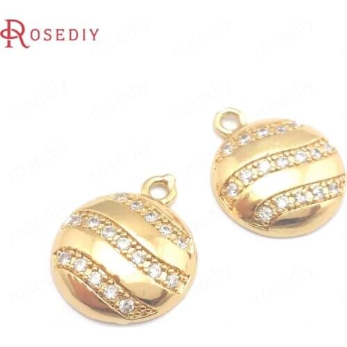 40630)10PCS 18x15MM 24K Champagne Gold Color Brass and Zircon Round Charms Pendants Jewelry Making Supplies Diy Accessories