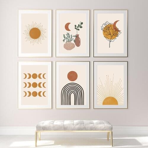 Abstract Floral Boho Sun Line Moon Phases Minimalist Canvas Painting Poster Print Wall Art Pictures Living Room Interior Decor