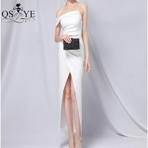 White Prom Dresses Front Split Simple Evening Gown Straps Formal Dress Off Shoulder Ruched Party Gown Tea Length Women Dress