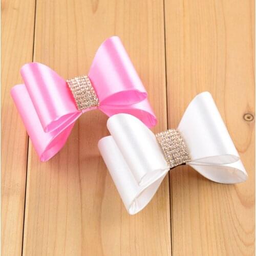 Express free 3.2'' Solid 3D bowknot without clip shiny Super Hard PVC Satin Bows With Rhinestone Button Girls Hair Accessories