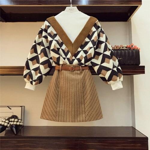 ZAWFL 2020 Autumn Winter korean OL 2 piece set Vintage Pullover V Collar Sweater Top +A line Plaid midi Skirt Two-Piece Set