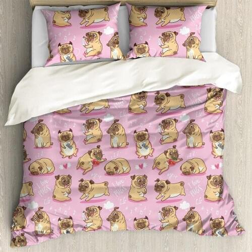 Cartoon Pink Pug Dog Printed Bedding Sets Pug Dog Bed Set Duvet Cover Set King Queen Size Comforter Bedding Set Bed Linen