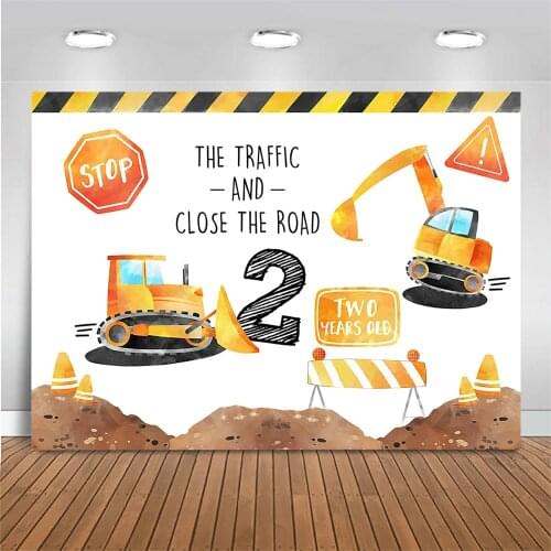 Mocsicka Construction Traffic Happy 2nd Birthday Backdrops Photography Excavator Architect Birthday Party Background Decoration