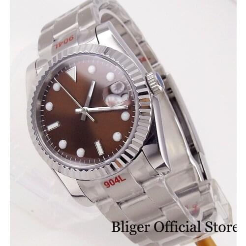 BLIGER Fluted Bezel Men Watch 36mm Case Coffee Sterile Dial MIYOTA 8215 Luminous Hand Flat Sapphire Mganifier Oyster Strap