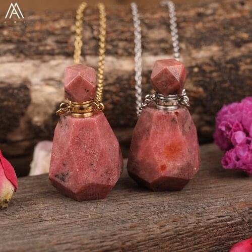 Natural Rhodonite Stone Perfume Bottle Pendant Necklace Women Stainless Steel Chains Perfume Necklace Jewelry Findings SA-12AMBH