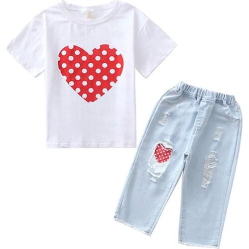 2019 new girls set Europe and America heart 100% cotton shirt + jeans childrens suit wear printed jeans