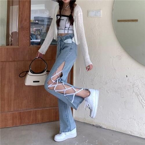 New Style Side Splits Irregular High Waist Jeans Womens Straight Wide Leg Trousers Plus Size Sexy Hollow Out Denim Pants Female