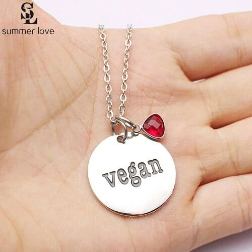 Fashion Silver Color Vegan Necklace for Women Men Stainless Steel Chain Round Crystal Letter Pendant Necklaces Statement Jewelry