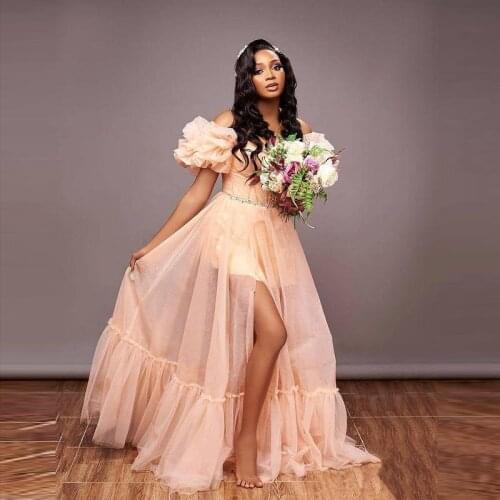 Blush Pink Birthday Dress For Photo Shoot Off The Shoulder Black Gils Formal Dreess For Party Slit Tulle Robes Puffy Sleeves