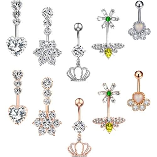 1PC Zircon Belly Piercing Bar Belly Button Rings Rose Gold Silver Color Surgical Steel Navel Earrings Sexy Piercings Jewelry 14G