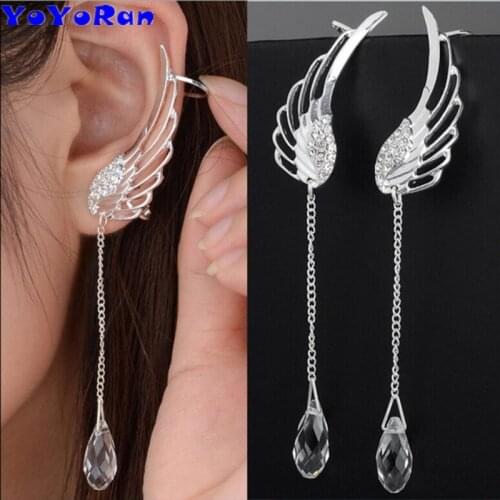 YOYORan 1 Pair crystal wing water clip earring for woman fear cuff feather long chain bead charm clip earring ear cuff jewelry