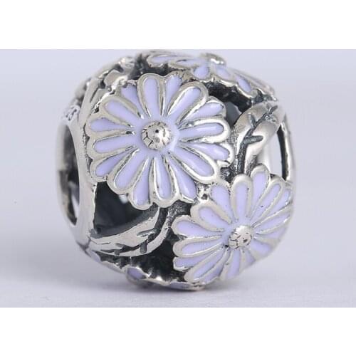 Spring collection 925 sterling silver daisy charms with lavender enamel Suitable for Brand Charm Bracelets & Necklaces