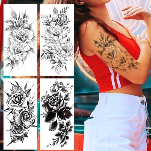 3D Large Black Flower Temporary Tattoos For Women Rose Lily Tatoo Fake Peony Minimalist Flora Sexy Body Art Paint Leg Tatoos