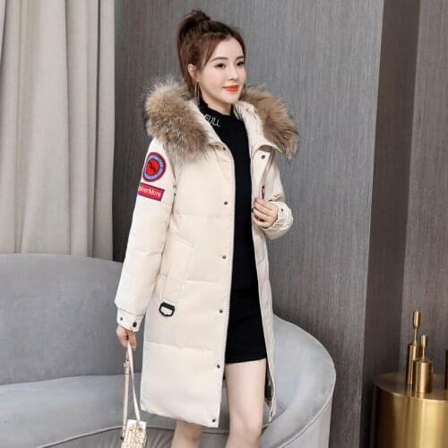 2021 Women Long Parkas Hooded with Fur Solid Long Sleeve Ladies White Down Coat Winter Thick Outerwear Warm Jacket for Female