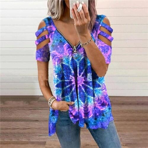 Womens T-Shirt Summer Fashion Print Floral V-Neck Zipper Tshirt Hollow Pullover Casual Loose Oversize Ladies Top Tee T-Shirt