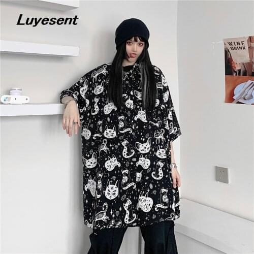 Gothic Black White Lady Loose Shirt Summer Cartoon Cats Printed Women Single Breasted Harajuku Shirts Short Sleeve Street Top