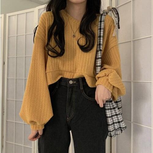 Women Blouses Lantern Sleeve O-Neck Long Sleeve Blouse Vintage Elegant Korean Fashion Loose Casual Fall Short Tops