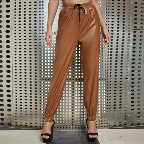 Women Autumn Spring High Waist Casual Solid Pants Long Tapered Trousers Drawstring Waist Slant Pocket PU Leather Pants