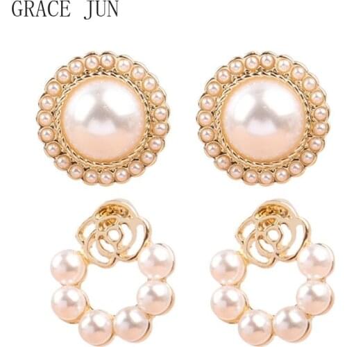 GRACE JUN 2021 Gold Color Clip on Earrings Without Pierced Womens Fashion Faux Pearl Geometric Round Shape Screw Cuff Earrings