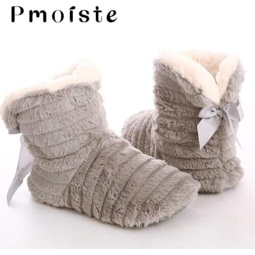 Indoor slippers women winter fur slippers home butterfly knot non slip warm plush house slippers women flock Floor Flat Shoes