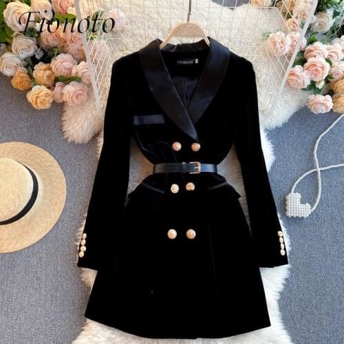 Blazer Coat Women Velvet Suit Jacket Winter Double Breasted Long Sleeve Ladies Black Blazer Belt Women Slim Suit Blazer Outwear