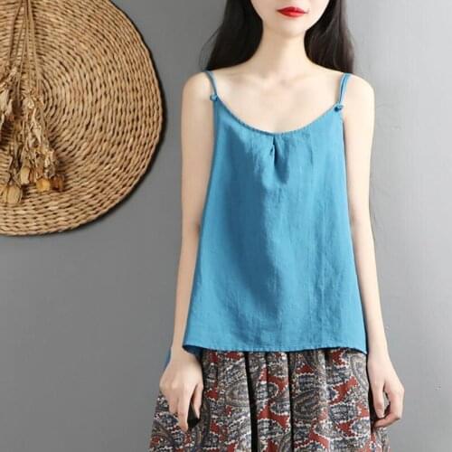 2020 Spring Summer Arts Style Women Sleeveless Cotton Linen Tank Tops vintage Casual White Top Sexy Femme Camis Plus Size S732