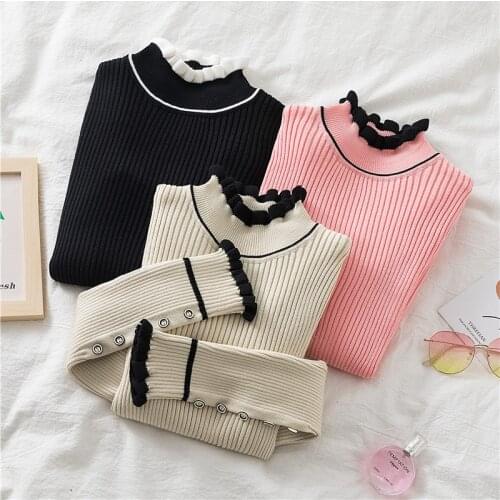 Autumn and Winter Knitted Womens Sweaters Fashion Ruffles Collar and Cuff Mock Turtleneck Woman Sweaters Slim Fit Lady Sweaters