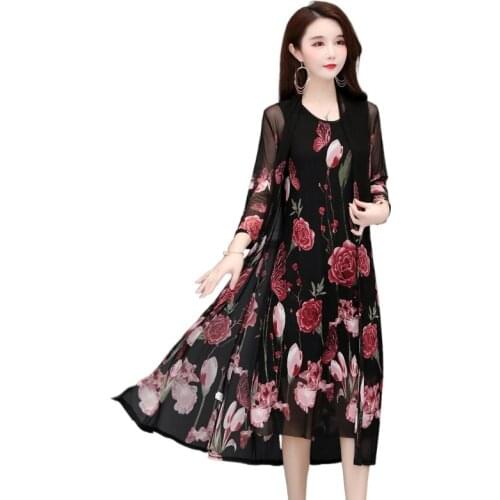 Women Lace Printed Midi Long Cardigan Jacket Summer Autumn Women Vest Cardigan Two-piece Jacket plus size L-5XL