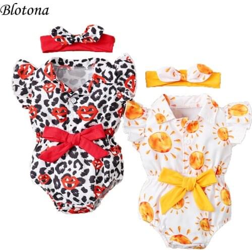 Blotona Newest Infant Bodysuit with Headband, Summer Sun Print Turn-Down Collar Fly Sleeve Bow Baby Romper+ Hairband 0-24 Months