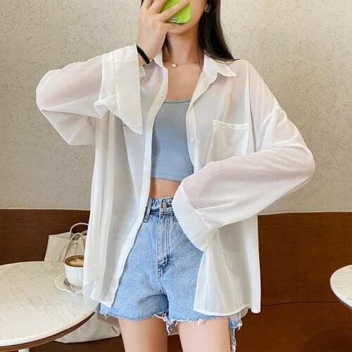 #8309 Black White Chiffon Shirt Woman Long Sleeve Loose Casual Shirt Female Sunscreen Transparent Shirt Femme Thin Summer 2021