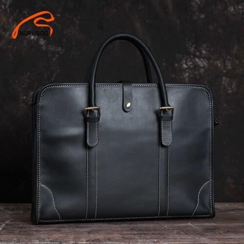 NUPUGOO Business Mens Briefcase Genuine Leather High Capacity Handbag Casual Crossbody Bag Removable Handle For 16 Inch Laptop