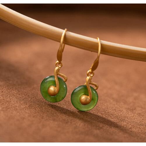Natural Hetian Jade Earrings Eardrops Peace Buckle Spinach Green S925 Sterling Silver Gold Plated Long Natural Authentic