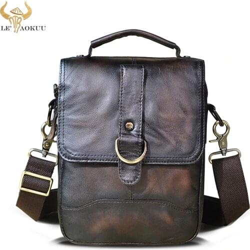 Quality Original Leather Male One Shoulder messenger bag cowhide fashion Cross-body Bag 8" Pad Tote Mochila Satchel bag 143-dc