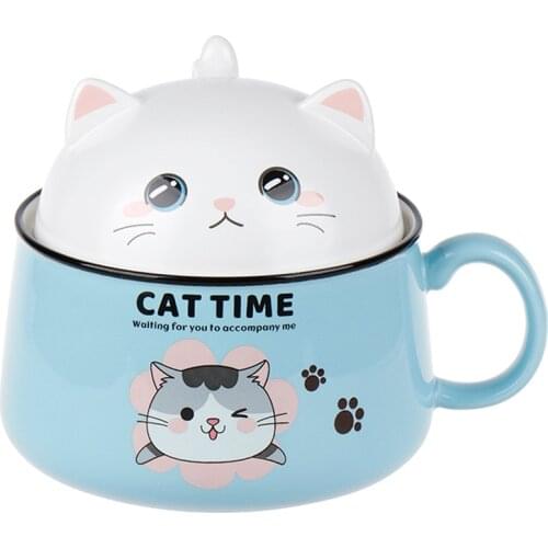 Creativity High Capacity Cute Cat Ceramics Instant Noodle Bowl With Lid Spoon Dorm Room Student Office Super Large Bowl