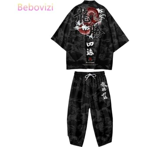 Two-piece Suit Plus Size S-6XL 5XL 4XL Loose Japanese Cardigan Women Men Cosplay Yukata Clothing Harajuku Kimono + Pants Sets