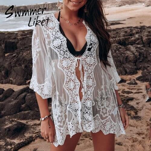 Lace bikinis 2020 Mujer White swimwear women summer beach wear Gossamer short beach dress women Cover-ups Sexy kimono new kaftan