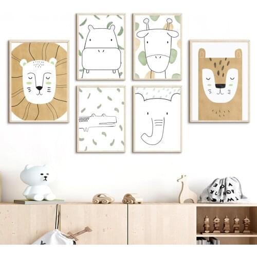 Lion Giraffe Elephant Rabbit Line Nursery Wall Art Canvas Painting Nordic Posters And Prints Wall Pictures Baby Kids Room Decor