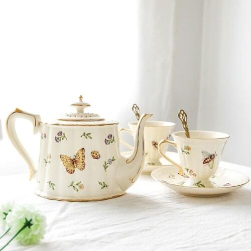 French Garden Tea Cup and Saucers Set Porcelain Tea Pot Teacup Coaster Dinner Plates Household Teaware Sets Coffeeware Supplier