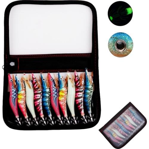 10Pcs/Box New Squid bait Wood Shrimp Jig hooks 12g-21g Artificial Baits 3D Eyes Luminous Cuttlefish Octopus Saltwater lure