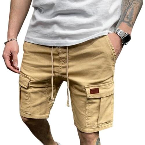Men Solid Color Knee Length Straight Wide Leg Multi Pockets Cargo Shorts Streetwear for Training
