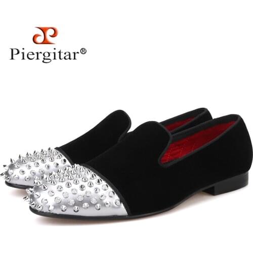 Piergitar handmade men velvet shoes with patent leather toe rivets prom and party mens casual loafers men smoking slippers