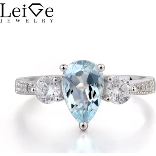 Leige Jewelry Real Natural Aquamarine Ring Anniversary Ring March Birthstone Pear Cut Blue Gemstone 925 Sterling Silver Ring