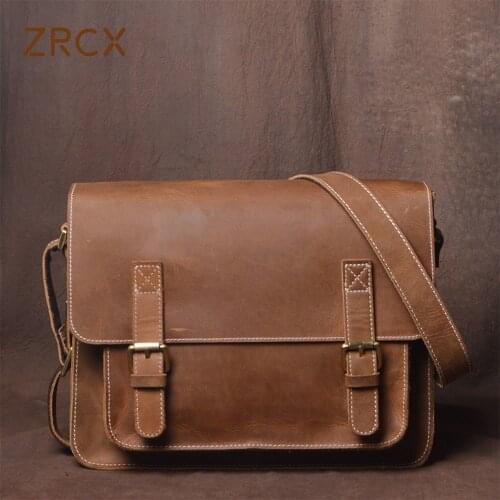 ZRCX Vintage Men Shoulder Bag Genuine Leather Crossbody Casual College Style Bag Messenger Bag 12.9 Inch Laptop Bags