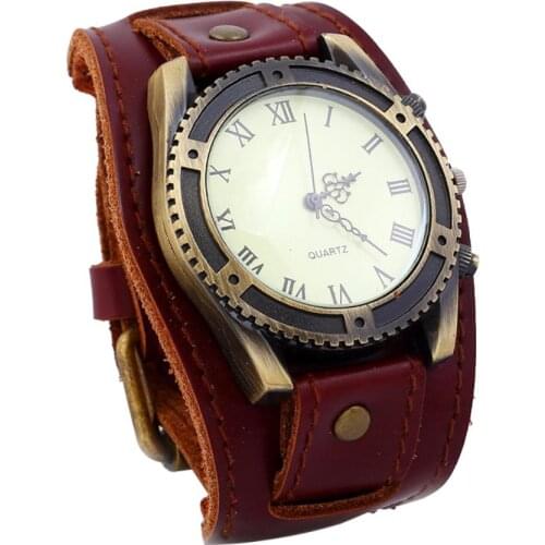 Vintage Roman Numerals Gear Faux Leather Band Men Wrist Bracelet Quartz Watch
