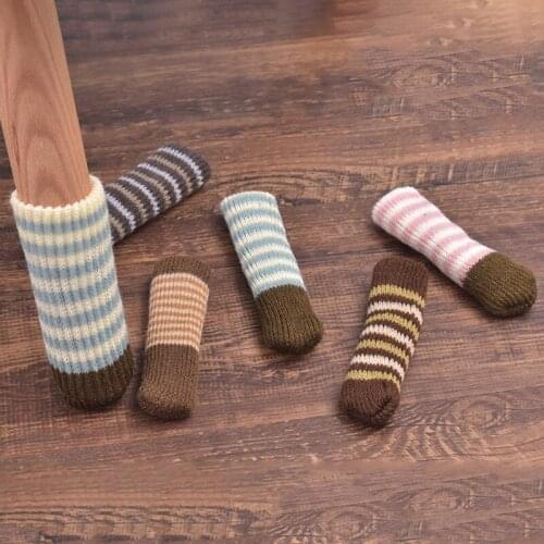 4Pcs Furniture Leg Protection Cover Thicken Striped Table Foot Socks Floor Protector Anti-slip No Noise Knitting Chair Leg Cover