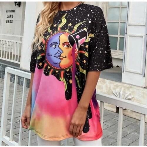 Chic Sun Face Print Black Pink Splicing Graphic T Shirts Women Short Sleeve Casual Shirt Y2k Aesthetic Summer Plus Size Tee 2021