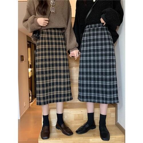 2020 Autumn Winter Plaid Skirts Womens Clothes Style Tall Waist Woolen Cloth Long Skirts For Women Korean Fashion Clothing