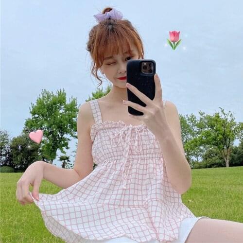 Top 2020 Summer Korean-Style Fungus Lace-up Square Collar Hipster Plaid Short All-match Sleeveless Camisole Women lolita dress