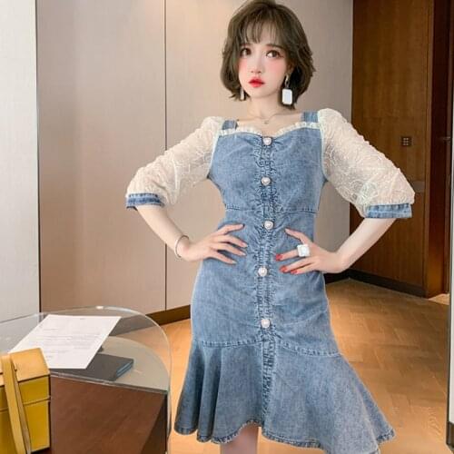 Awarose Mesh Sleeve Patchwork Denim Dress Women Summer Button Square Collar Ruffle Party Slim Dresses Female Highstreet Bodycon